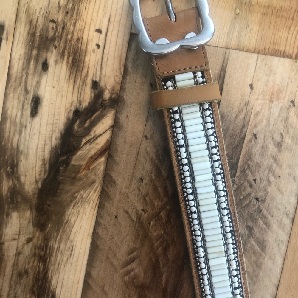 Lucky Brand tan leather belt w white beaded design